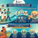 Infographic showing female ASHA, ANM, and CHO health workers with an India map and icons for empathetic high-quality care.