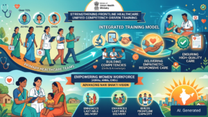 Infographic showing female ASHA, ANM, and CHO health workers with an India map and icons for empathetic high-quality care.
