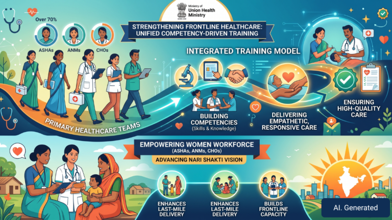 Infographic showing female ASHA, ANM, and CHO health workers with an India map and icons for empathetic high-quality care.