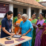 An IPPB official helps rural Indian women in sarees sign a digital tablet for an SHG savings account in India