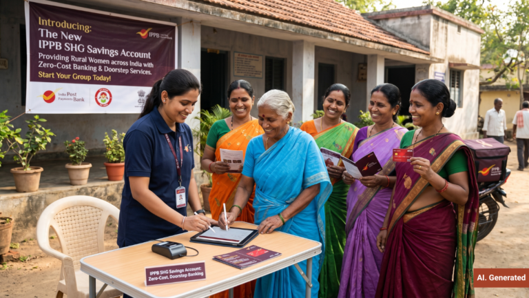 An IPPB official helps rural Indian women in sarees sign a digital tablet for an SHG savings account in India