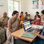 Healthcare worker using a laptop to show the JANANI portal to women in an Indian clinic with maternal care posters behind.