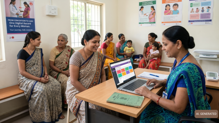 Healthcare worker using a laptop to show the JANANI portal to women in an Indian clinic with maternal care posters behind.