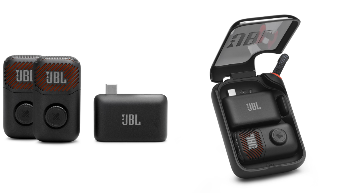 Two black JBL microphones, a USB-C dongle, and an open portable charging case for vocal recording.