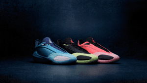 Low-cut Jordan Triangle basketball shoe in Baltic Blue colourway highlighting its sleek profile for court play.