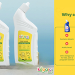 Two Koparo cleaner bottles with lemons and a comparison chart for this acid-free Indian bathroom essential.