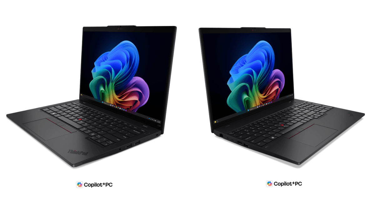 This new business laptop weighs just 0.93kg 2 Two black Lenovo ThinkPad L Series laptops, the L14 and L16 models, displayed side-by-side with Copilot+ PC branding.