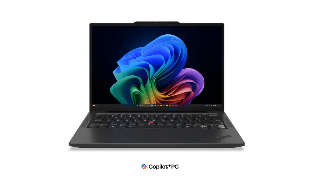 This new business laptop weighs just 0.93kg 1 Frontal view of a sleek black ThinkPad X13 Gen 7 laptop featuring the Copilot+ PC logo on a white background.