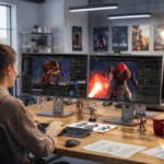Woman editing 3D animation on dual monitors next to a Lenovo ThinkStation P4 workstation tower in a creative studio.