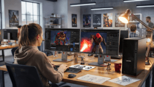 Woman editing 3D animation on dual monitors next to a Lenovo ThinkStation P4 workstation tower in a creative studio.