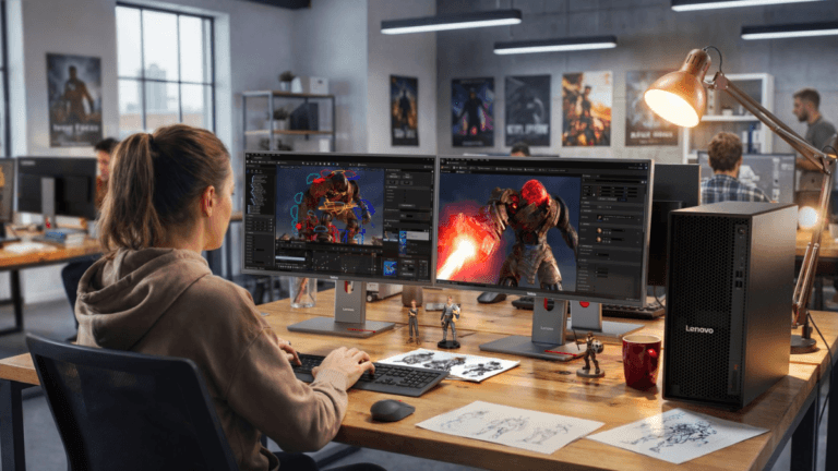 This desktop brings 96GB of graphics memory to creators 1 Woman editing 3D animation on dual monitors next to a Lenovo ThinkStation P4 workstation tower in a creative studio.