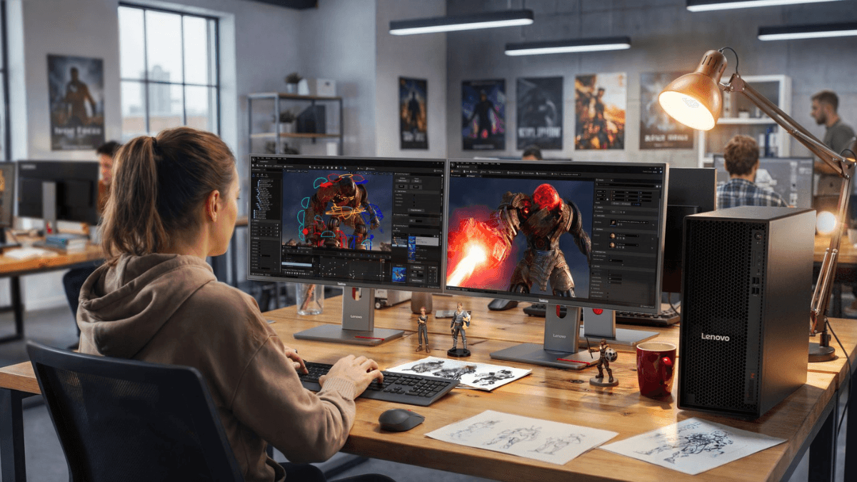 This desktop brings 96GB of graphics memory to creators 1 Woman editing 3D animation on dual monitors next to a Lenovo ThinkStation P4 workstation tower in a creative studio.