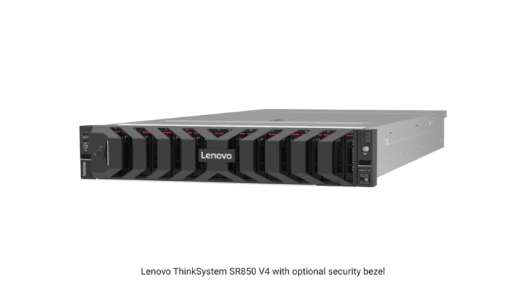 The massive system memory upgrade hitting data centres 1 Lenovo ThinkSystem SR850 V4 enterprise server in a sleek 2U rack layout with a dark crosshatched security bezel cover.