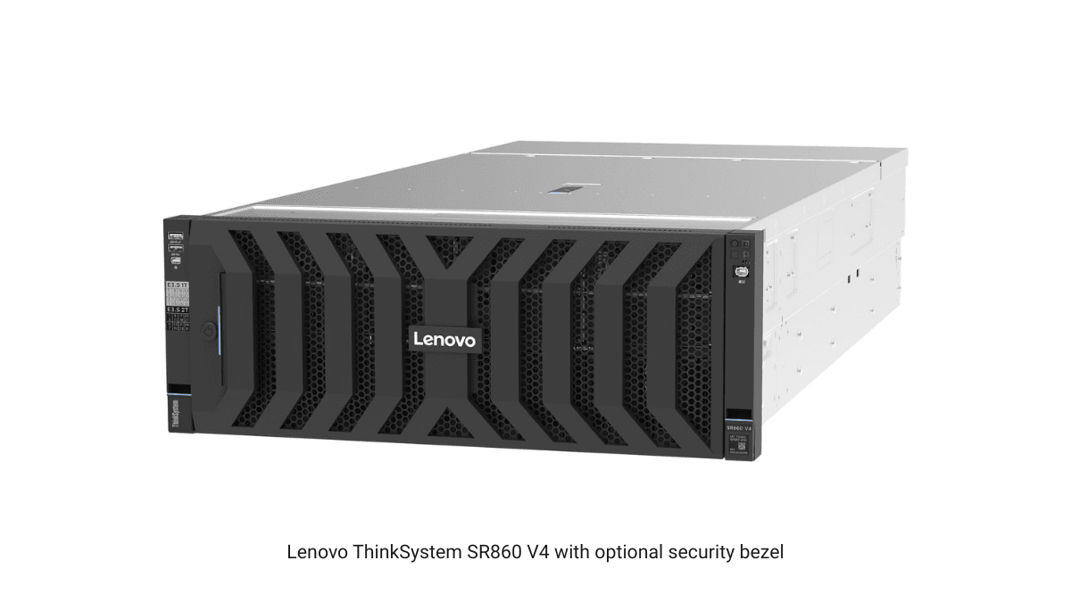 Lenovo ThinkSystem SR860 V4 enterprise hardware showing a large 4U rack chassis format equipped with a secure front ventilation bezel.