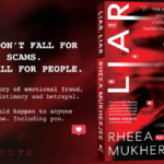 The book cover for Liar, Liar by Rheea Mukherjee featuring a blurred face overlayed with social media heart icons in India.