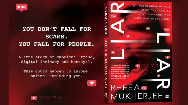 The book cover for Liar, Liar by Rheea Mukherjee featuring a blurred face overlayed with social media heart icons in India.