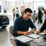 A man signs a vehicle loan agreement with a sales representative inside a bright Mahindra showroom next to an XUV700 car.
