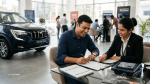 A man signs a vehicle loan agreement with a sales representative inside a bright Mahindra showroom next to an XUV700 car.
