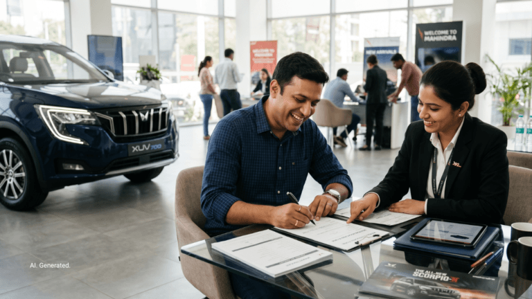 The green mandate that will change how you buy a Mahindra 2 A man signs a vehicle loan agreement with a sales representative inside a bright Mahindra showroom next to an XUV700 car.