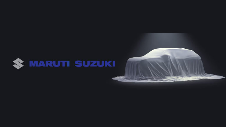 Draped vehicle under a spotlight next to a Maruti Suzuki logo on a dark background, signifying the design challenge for In...