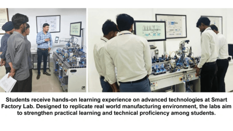 Can Maruti Suzuki solve the engineering skill gap in India? 2 Students gathered around automated machinery and display screens inside a Maruti Suzuki industrial training lab in India.