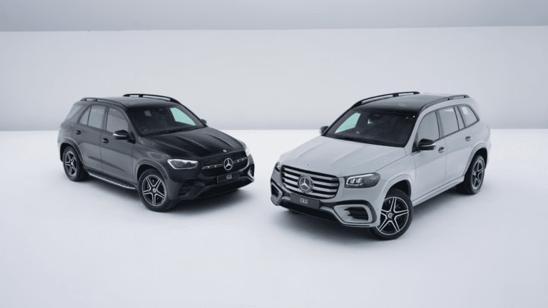 The limited editions made for top Indian luxury buyers 3 An exterior profile of the black GLE Night Edition and the Alpine Grey GLS Night Edition parked side-by-side in a minimal ...