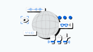 Illustrated globe with icons of an eye, soundwave, braille, smart glasses, and wristbands showing Meta accessibility tech.