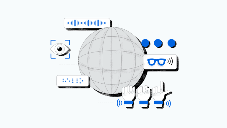 Illustrated globe with icons of an eye, soundwave, braille, smart glasses, and wristbands showing Meta accessibility tech.