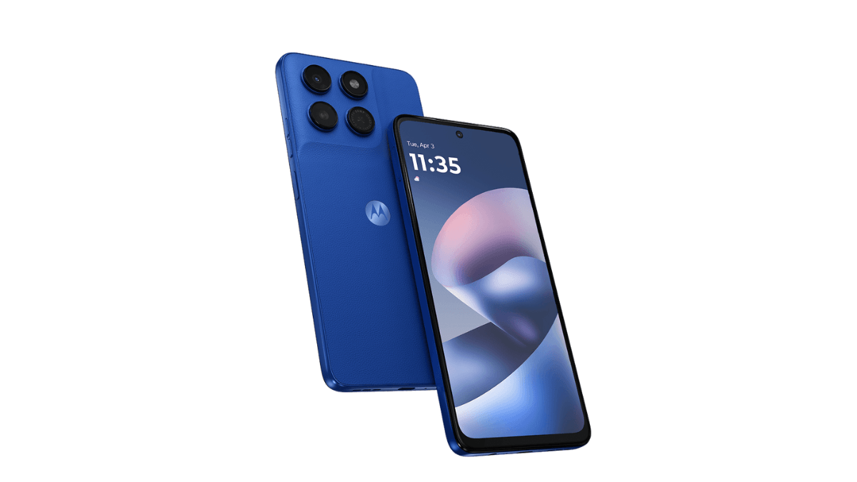 The budget Android that solves the three-day battery issue 2 Dark blue Motorola Moto g37 Power with vegan leather texture showing the screen and rear cameras for the India launch.