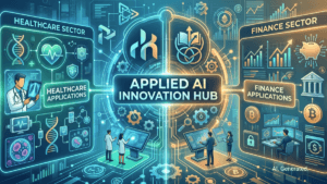 Digital illustration of an AI research hub showing doctors and finance professionals using data interfaces for innovation.