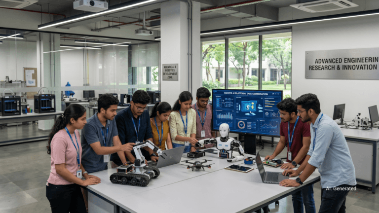 Seven Indian students observe a white humanoid robot and drone on a work table in a modern Mangaluru AI lab.