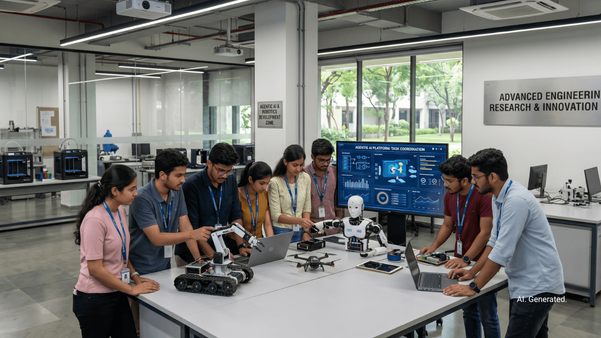 Seven Indian students observe a white humanoid robot and drone on a work table in a modern Mangaluru AI lab.