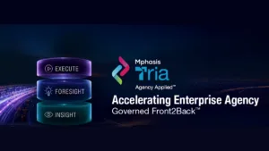 Three stacked glowing layers labelled Insight, Foresight, and Execute next to the Mphasis Tria logo for enterprise AI.