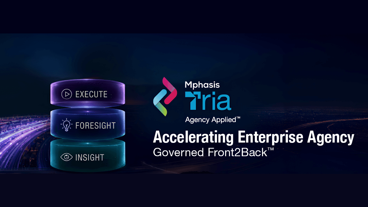 Three stacked glowing layers labelled Insight, Foresight, and Execute next to the Mphasis Tria logo for enterprise AI.