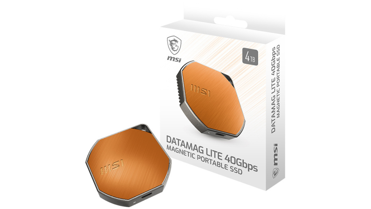 The magnetic SSD that copies a 4K movie in under ten seconds 2 Copper MSI DATAMAG LITE 4TB portable SSD resting next to its white retail packaging with the MSI dragon logo.