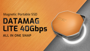 Octagonal copper MSI DATAMAG LITE SSD with a glowing magnetic ring on an orange metallic background for India.