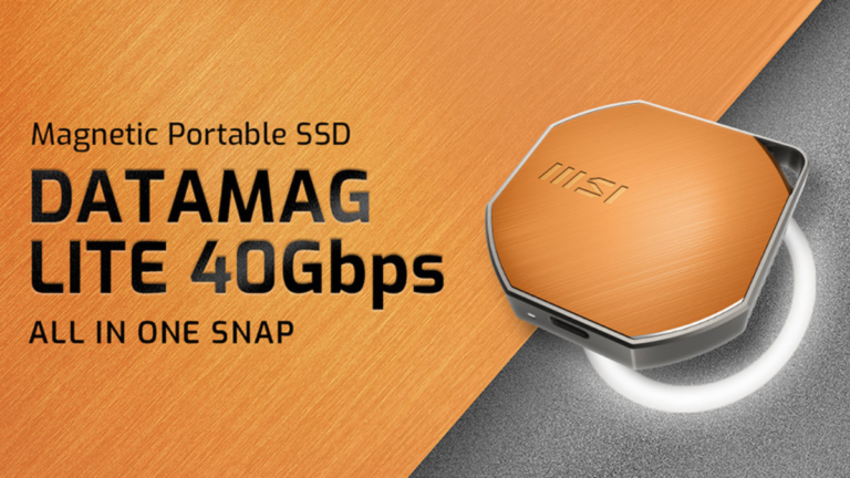 Octagonal copper MSI DATAMAG LITE SSD with a glowing magnetic ring on an orange metallic background for India.