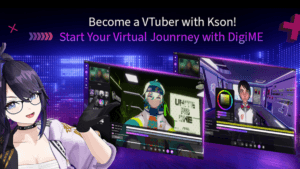 Promotional banner featuring VTuber kson alongside screenshots of the updated MSI DigiME virtual streaming software UI.