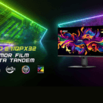 Front and back views of the MSI MAG OLED 271QPX32 monitor showing colourful screen art and DarkArmor branding for India.