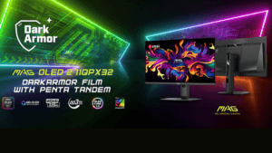 Front and back views of the MSI MAG OLED 271QPX32 monitor showing colourful screen art and DarkArmor branding for India.