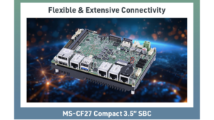 MS-CF27 3.5-inch circuit board showing Ethernet ports on a blue digital background for industrial connectivity.