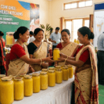 Women in traditional attire inspect glass jars of MULCO cow ghee at a rural mapping project launch event in Mizoram.