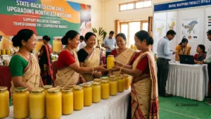 Women in traditional attire inspect glass jars of MULCO cow ghee at a rural mapping project launch event in Mizoram.