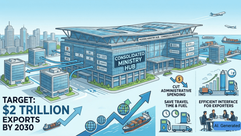 A glass ministry hub building graphic with cargo ships and icons detailing the export targets for Mumbai.