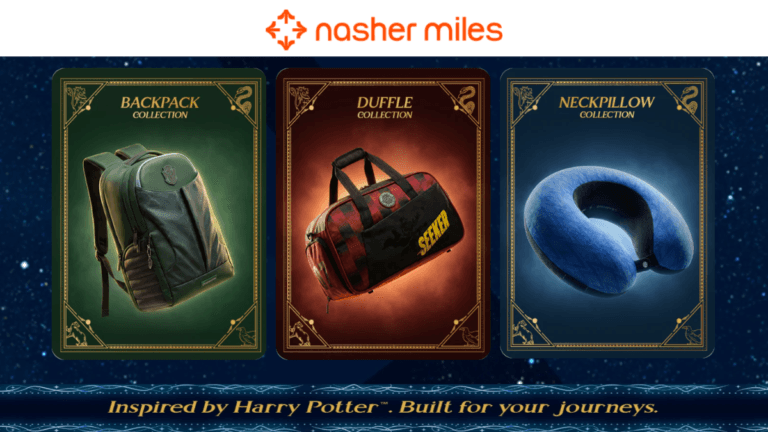 A backpack, duffle bag, and neck pillow from the Nasher Miles x Harry Potter travel gear collection on a dark background.
