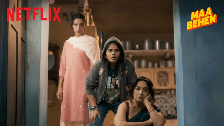 Madhuri Dixit returns in a new June comedy 2 Tripti Dimri, Dharna Durgaa, and Madhuri Dixit staring ahead anxiously inside a kitchen for Netflix film Maa Behen.