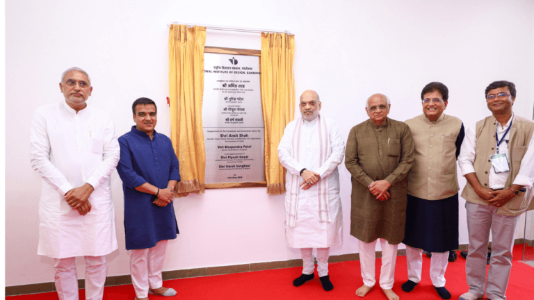 New Ahmedabad centre brings chip design to creatives 3 Amit Shah, Piyush Goyal, and Bhupendra Patel standing next to the NID incubation centre inauguration plaque in Gujarat.