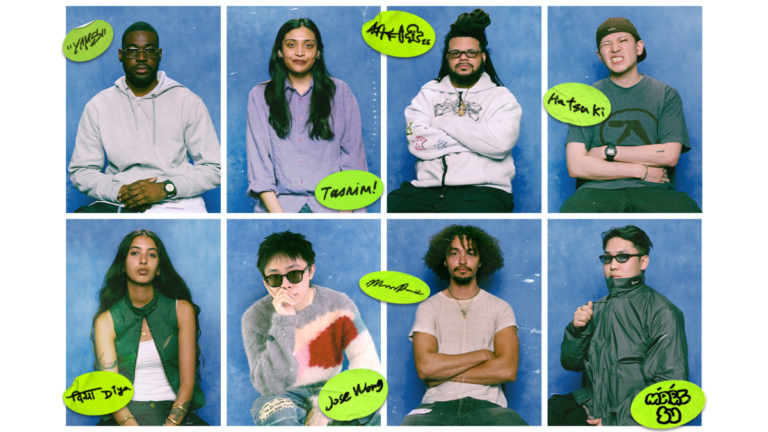 Portraits of eight global designers on blue backgrounds including Diya Joukani for the Nike Air Works Mumbai collaboration.
