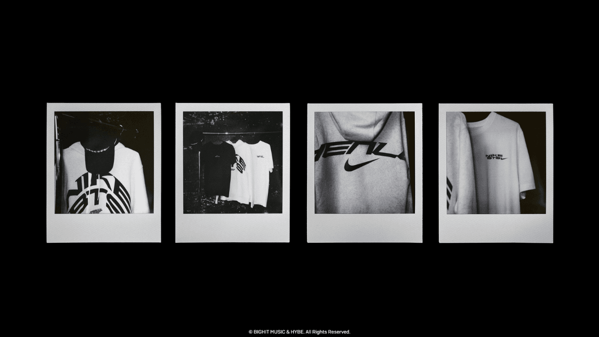 Four polaroid photos displaying white and black hoodies, t-shirts, and a cap featuring abstract graphics and the Nike logo.