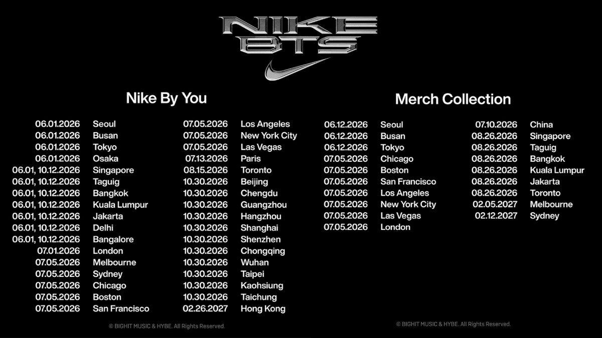 Black poster listing release dates for Nike By You and Merch Collection across global cities, including Delhi and Bangalore.